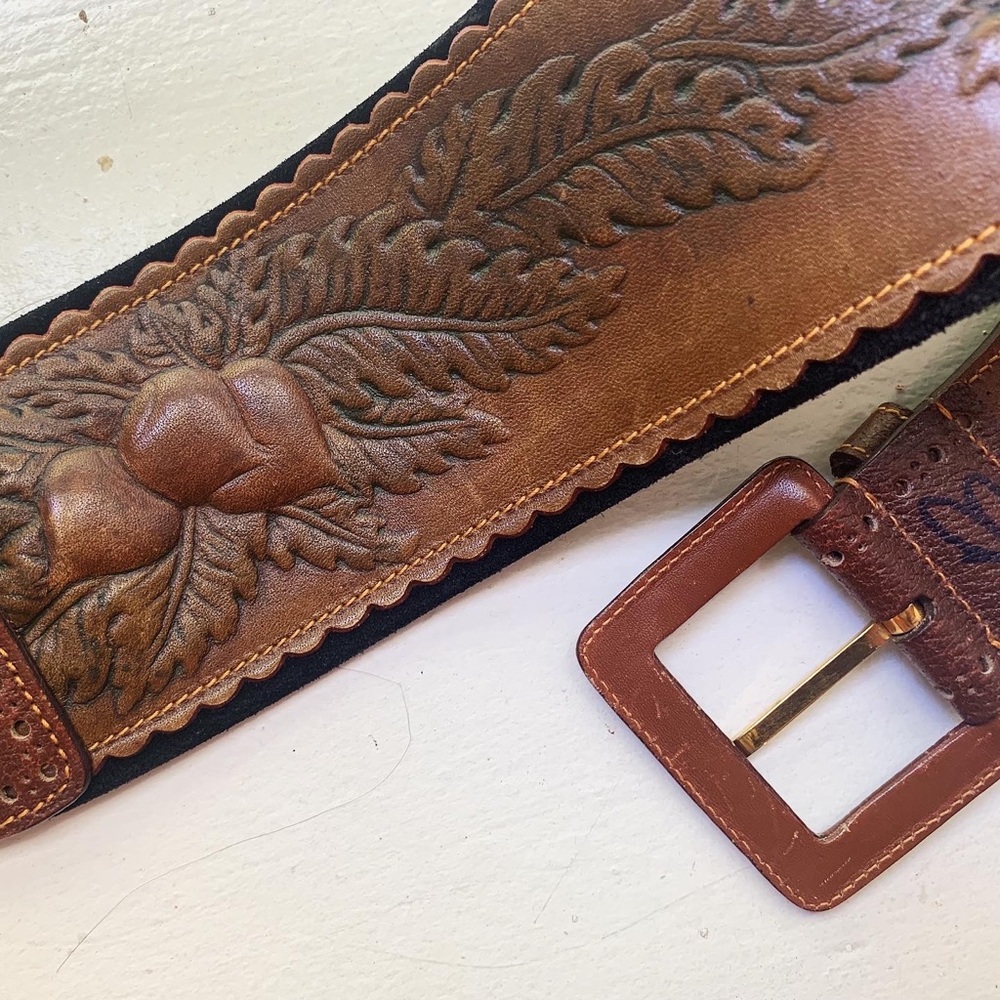 Vintage tooled leather belt with radish design!